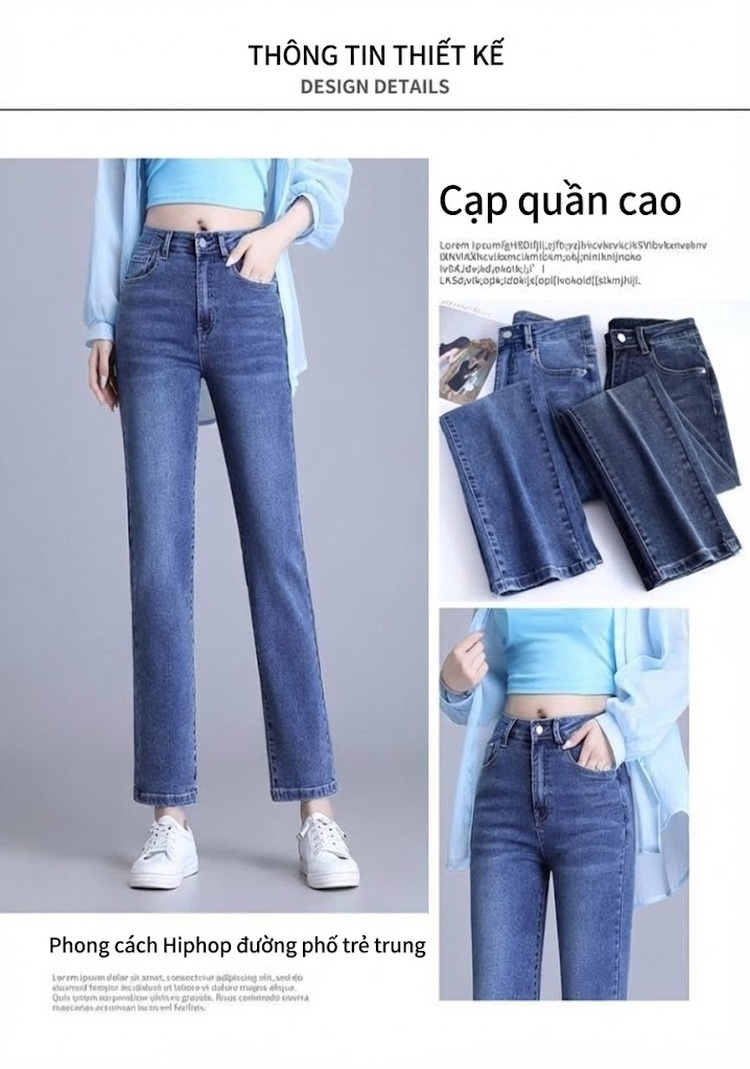 Quần Jean Nữ Ống Đứng Lưng Cao Co Giãn Màu Xanh Denim chi tiết 3