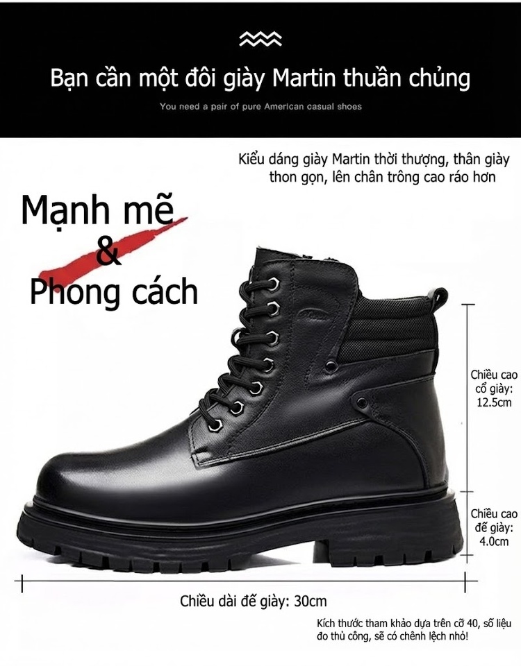 Boot Nam Da Thật Lông Cừu Giữ Ấm Chiều Cao Đế Khoảng 4cm Màu Đen chi tiết 7