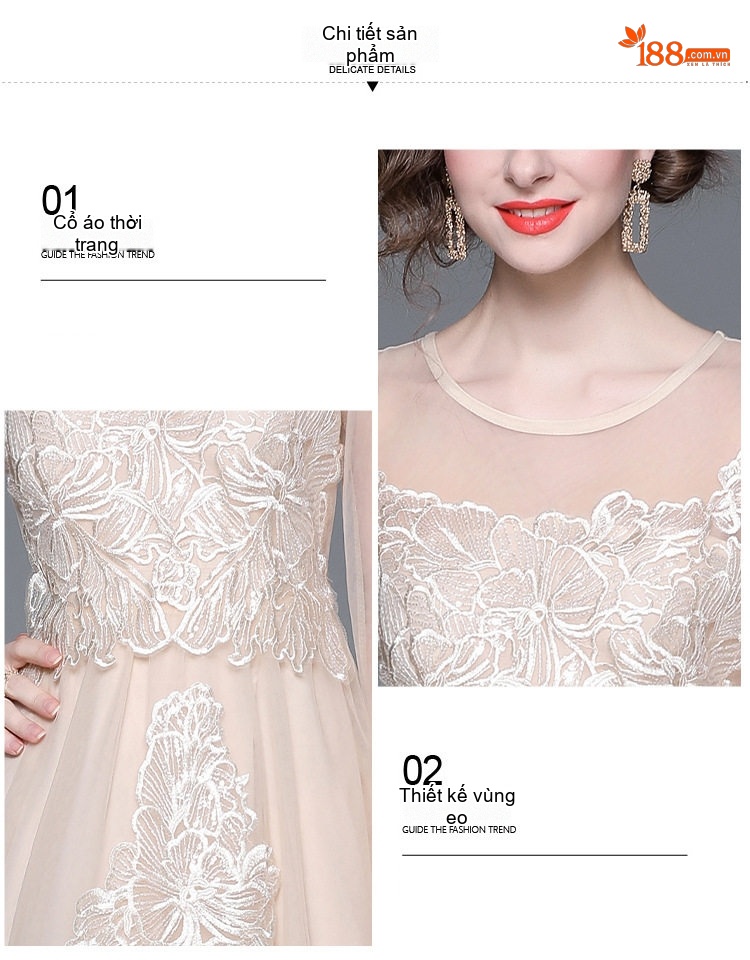 Váy Đầm Dự Tiệc dáng chữ A Ren Thêu Tay Phong Cách Cổ Điển Màu Trắng chi tiết 8