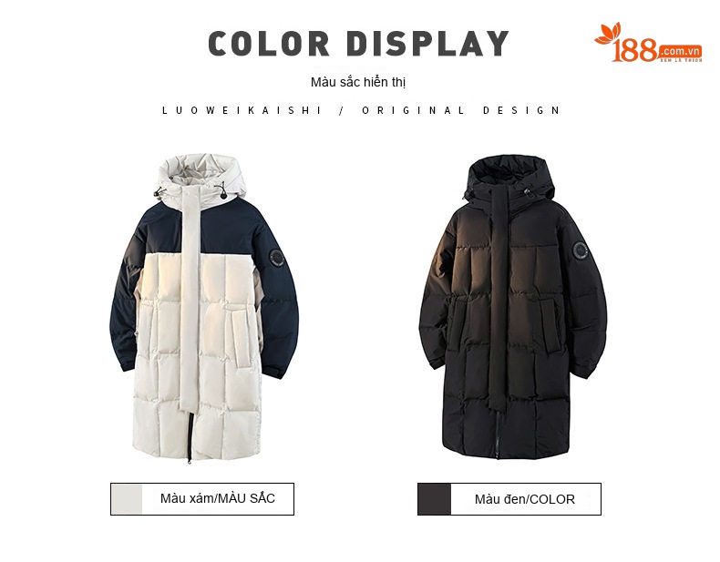 Áo Phao Dáng Dài 90% Lông Vịt Trắng Mũ Trùm Đầu Dày Dặn Phong Cách Unisex Màu Đen, Trắng, Xanh Navy chi tiết 7
