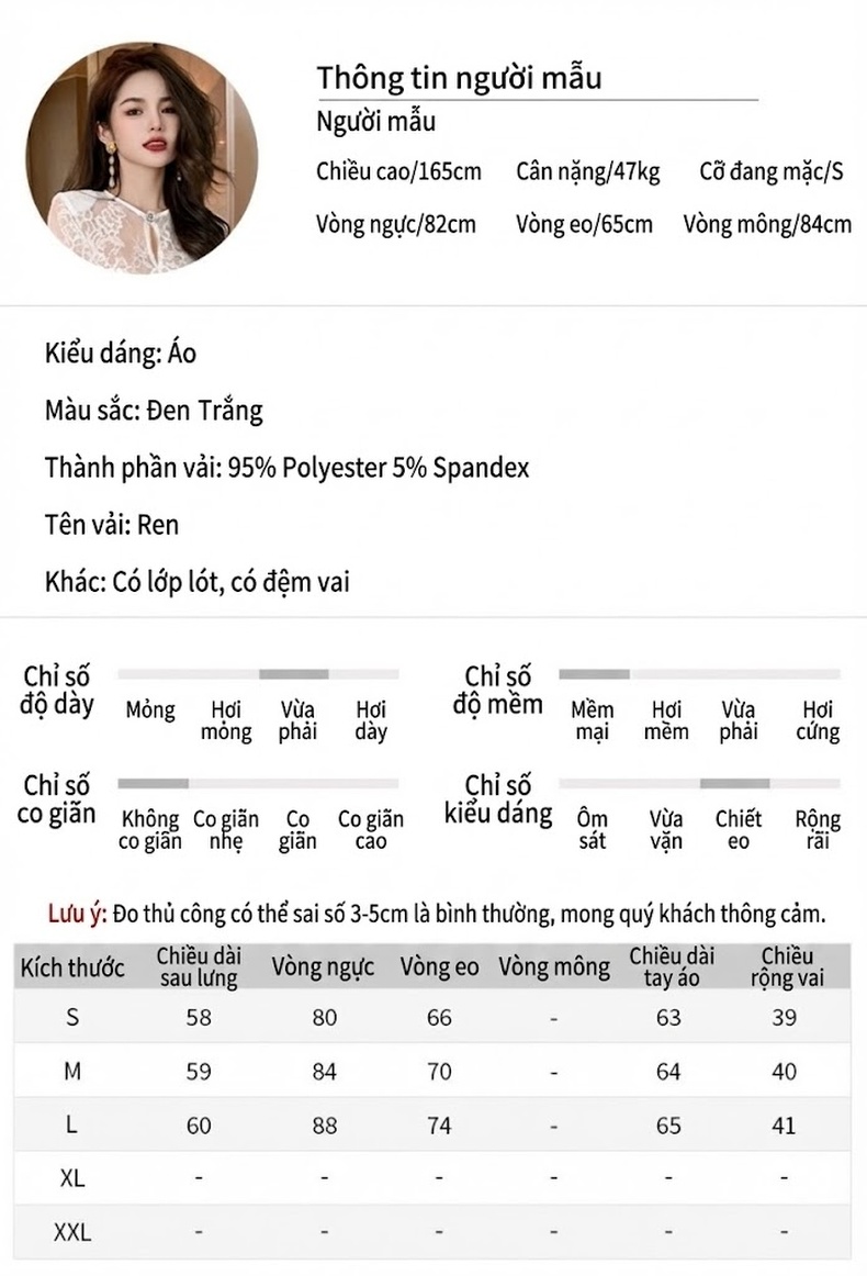 Áo Ren Nữ Dài Tay Cổ Tròn Thiết Kế Ôm Dáng Gợi Cảm Màu Trắng, Đen chi tiết 2