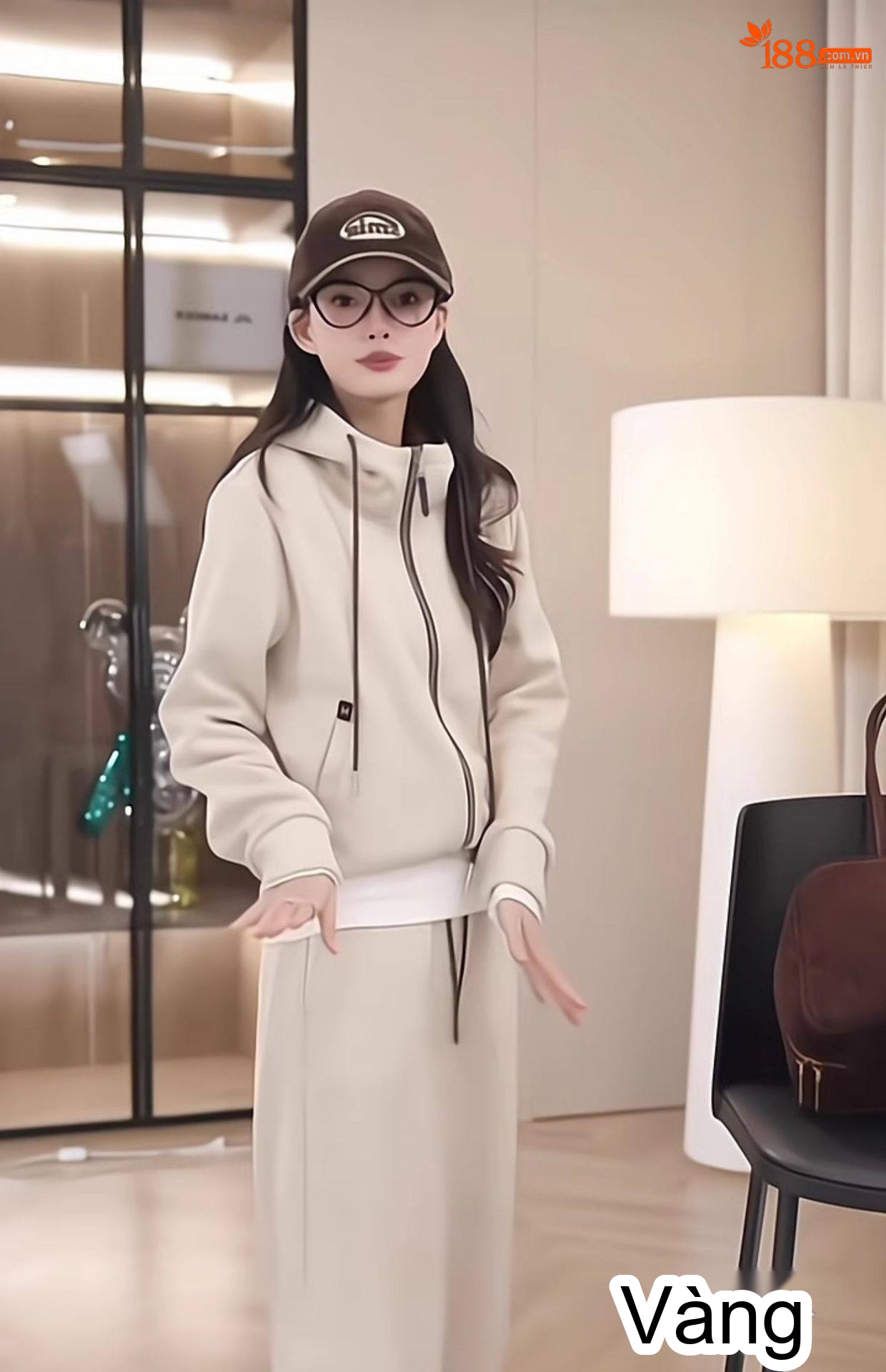 Bộ Đồ Thể Thao Nữ Áo Khoác Có Mũ Quần Ống Rộng Phong Cách Casual Màu Be chi tiết 11