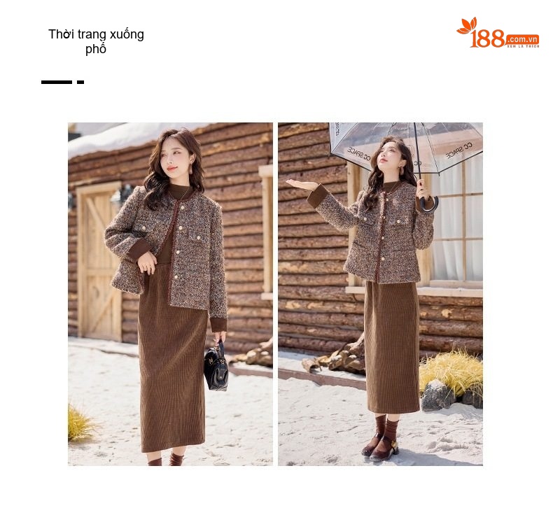 Set Áo Khoác Lửng và Chân Váy Dài Dáng Tiểu Thư Phong Cách Hàn Quốc Màu Nâu chi tiết 2