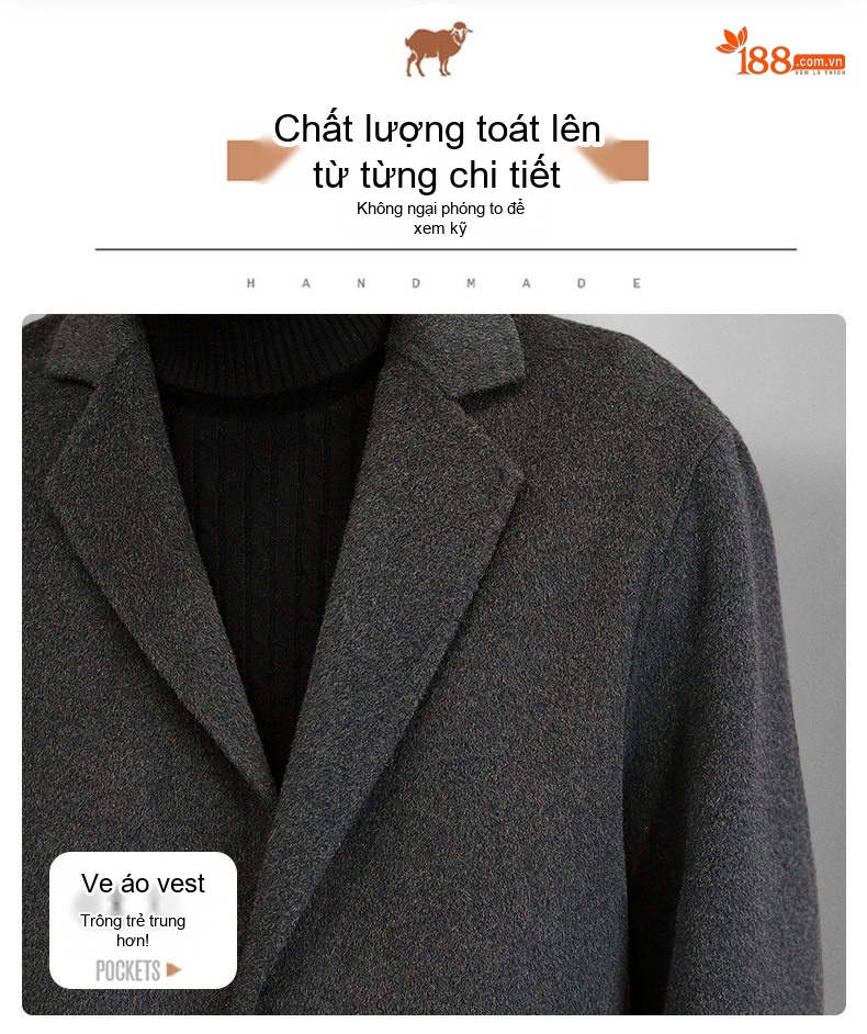 Áo Khoác Dạ Nam Dáng Dài Vừa Cổ chữ Vest Thủ Công Màu Đen, Xám chi tiết 6