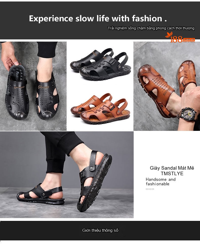Dép Sandal Nam Da Bò Bít Mũi Thoáng Khí Chiều Cao Đế Khoảng 2cm Màu Nâu, Đen chi tiết 3