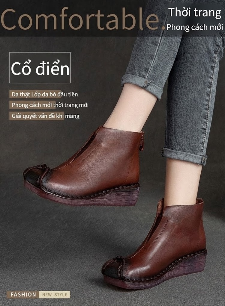 Boot Nữ Da Bò Cổ Ngắn Phong Cách Vintage Chiều Cao Đế Khoảng 3cm Màu Nâu, Đen chi tiết 1