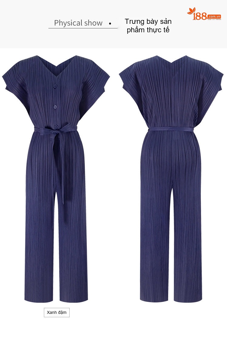 Jumpsuit Nữ Cổ chữ V Cao Eo Thun Dây Rút Ống Rộng Dáng Dài Màu Xanh Navy, Xám, Đen chi tiết 22