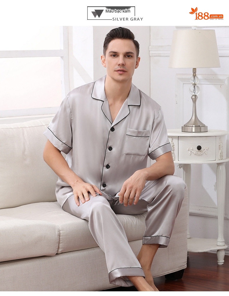 Bộ Pijama Lụa Tơ Tằm 100% Tay Ngắn Nam Màu Xanh Navy, Đỏ, Xám chi tiết 23
