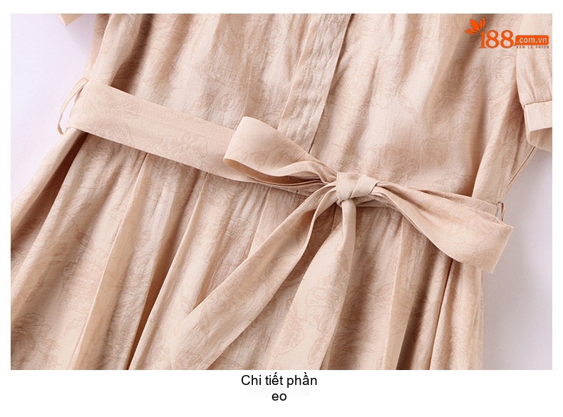 Váy Midi Nữ Cổ Điển Thắt Eo Tay Ngắn Màu Be, Xanh chi tiết 30