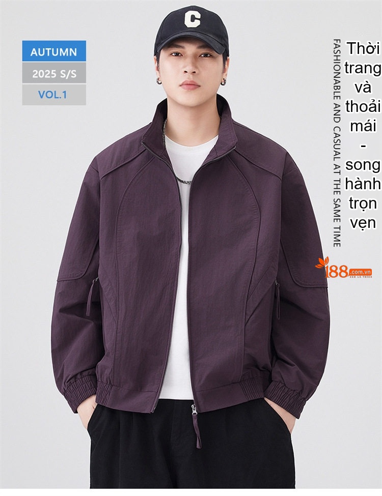 Áo Khoác Bomber Nam Cổ Trụ Dáng Rộng Phong Cách Mỹ Màu Đen, Tím chi tiết 1
