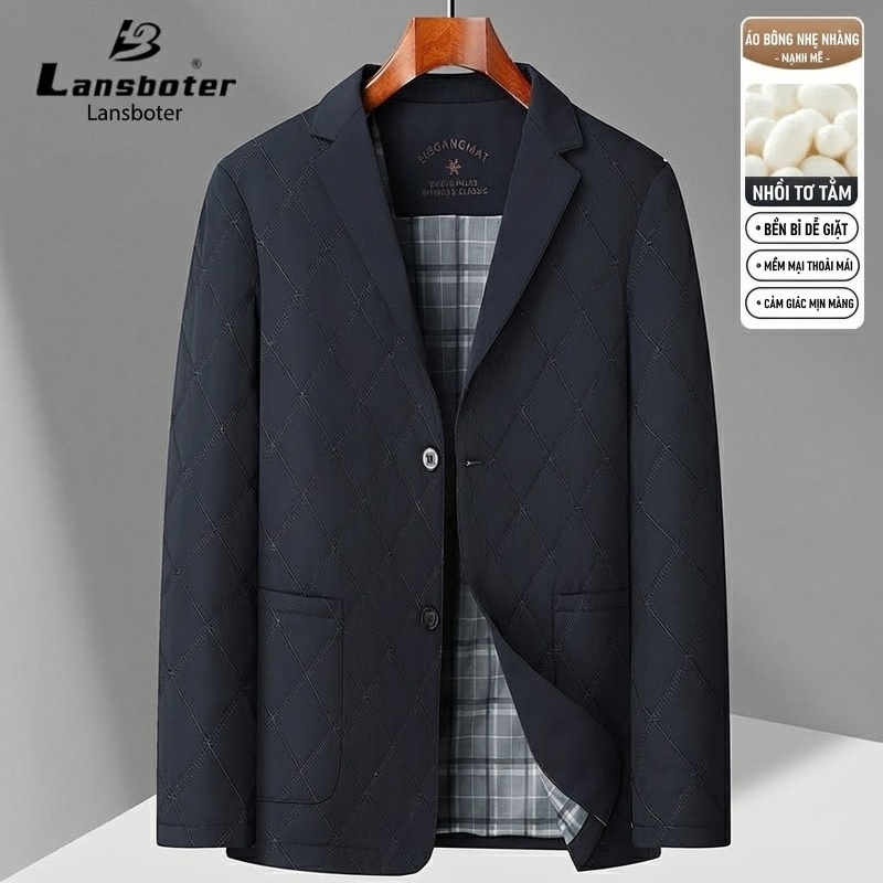 Áo Khoác Bông Nam Trung Niên Dáng Vừa Vải Cotton Lót Lụa Tằm Màu Xanh Navy