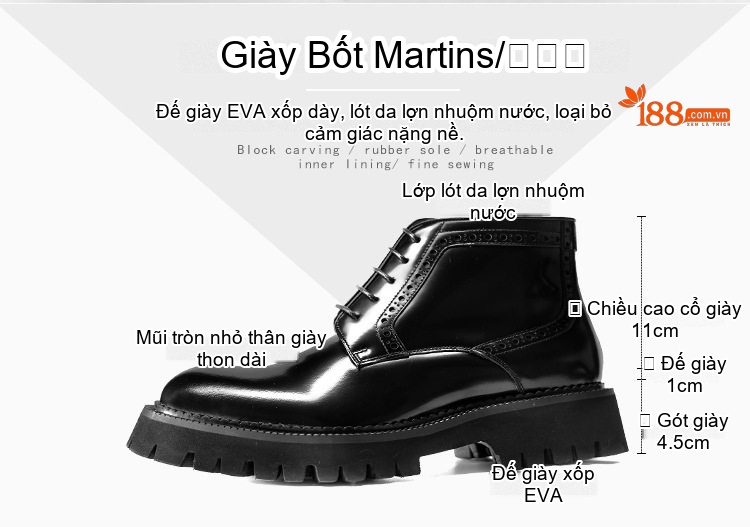 Boot Martin Nam Da Bò Cổ Cao Chiều Cao Đế Khoảng 5cm Màu Đen chi tiết 2