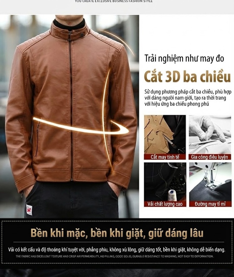 Áo Khoác Da PU Nam Dáng Ôm Cổ Trụ Phong Cách Hàn Quốc Màu Đen, Nâu, Xám chi tiết 2