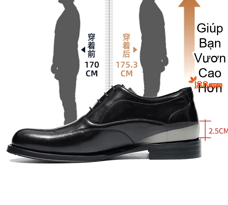 Giày Tây Buộc Dây Nam Da Thật Tăng Chiều Cao 5.3cm Màu Đen chi tiết 5