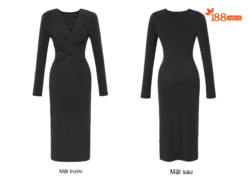 Đầm Ôm Body Tay Dài Cổ Chữ V Phong Cách Pháp Màu Đen, Tím Than chi tiết 8
