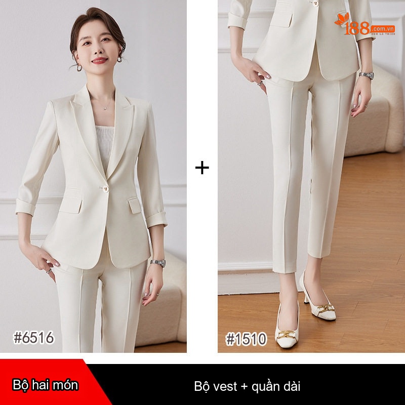 Bộ Vest Công Sở Nữ Tay Lỡ Phong Cách Hàn Quốc Màu Kem, Xanh, Đen