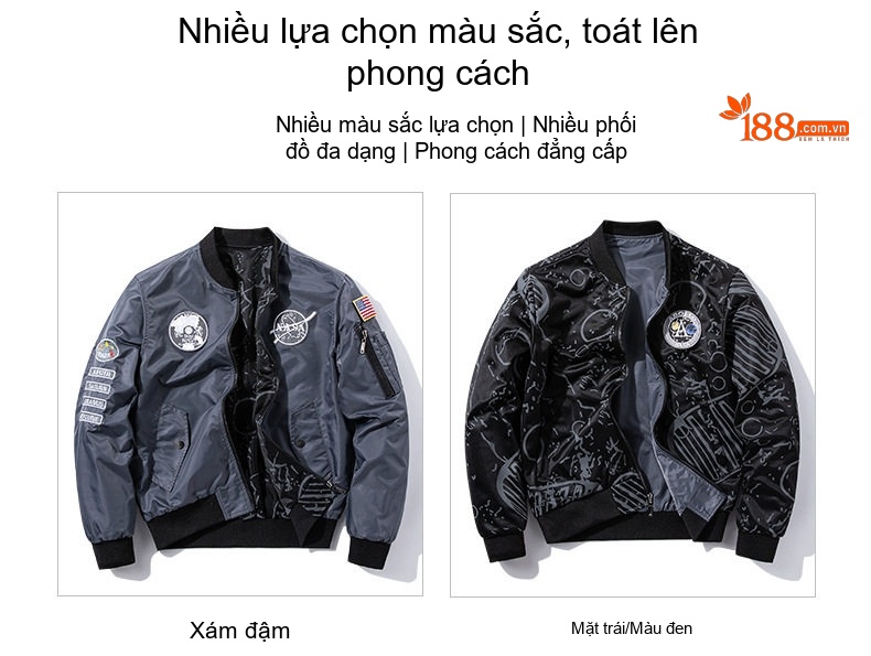 Áo Khoác Bomber Nam Nữ Dáng Rộng Hai Mặt Mặc Thu Đông Phong Cách Phi Công NASA Màu Xám, Xanh Navy, Xanh Lá, Đen... chi tiết 12