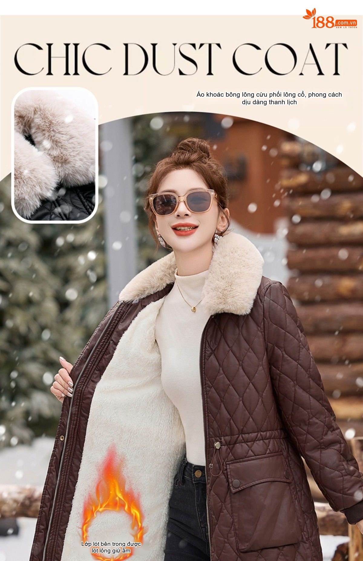 Áo Khoác Phao Nữ Dáng Dài Da PU Lót Lông Cừu Giữ Ấm Màu Nâu, Đen chi tiết 3