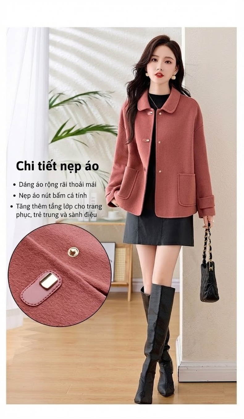 Áo Khoác Lông Cừu Hai Mặt Cổ Bẻ Ngắn Phong Cách Thời Trang Màu Hồng, Kem, Đen chi tiết 10