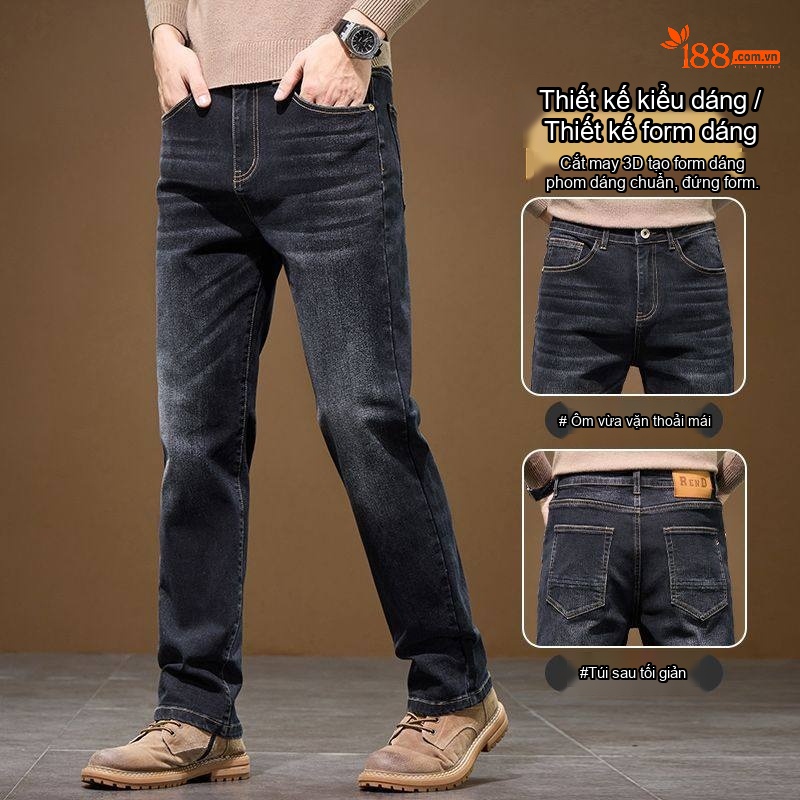 Quần Jean Dáng Suông Nam Co Giãn Thoải Mái Phong Cách Casual Màu Xanh Đen