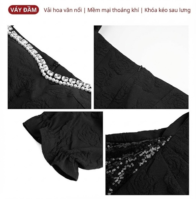 Váy Đầm Nữ Jacquard Thiết Kế Cổ chữ Vuông Tay Bồng Đính Hạt Phong Cách Tiểu Thư Màu Đen chi tiết 4