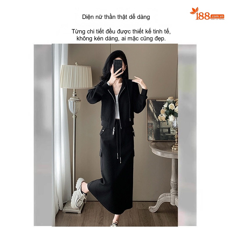 Set Áo Khoác Lửng Có Mũ và Chân Váy Midi Túi Hộp Phong Cách Thể Thao Màu Đỏ, Đen chi tiết 1