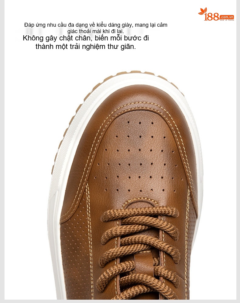 Giày Sneaker Nam Da Thật Thoáng Khí Chiều Cao Đế Khoảng 3.5cm Màu Trắng, Đen, Nâu chi tiết 10