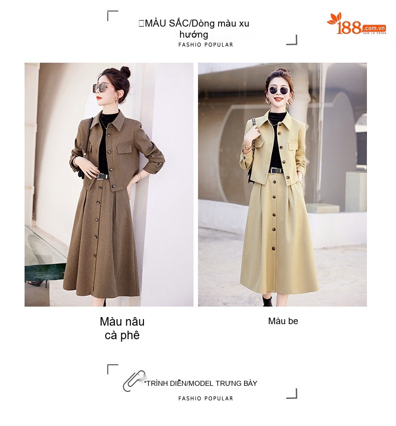 Set Áo Khoác Chân Váy Nữ Thu Đông Phong Cách Tiểu Thư Thanh Lịch Màu Nâu, Be chi tiết 13