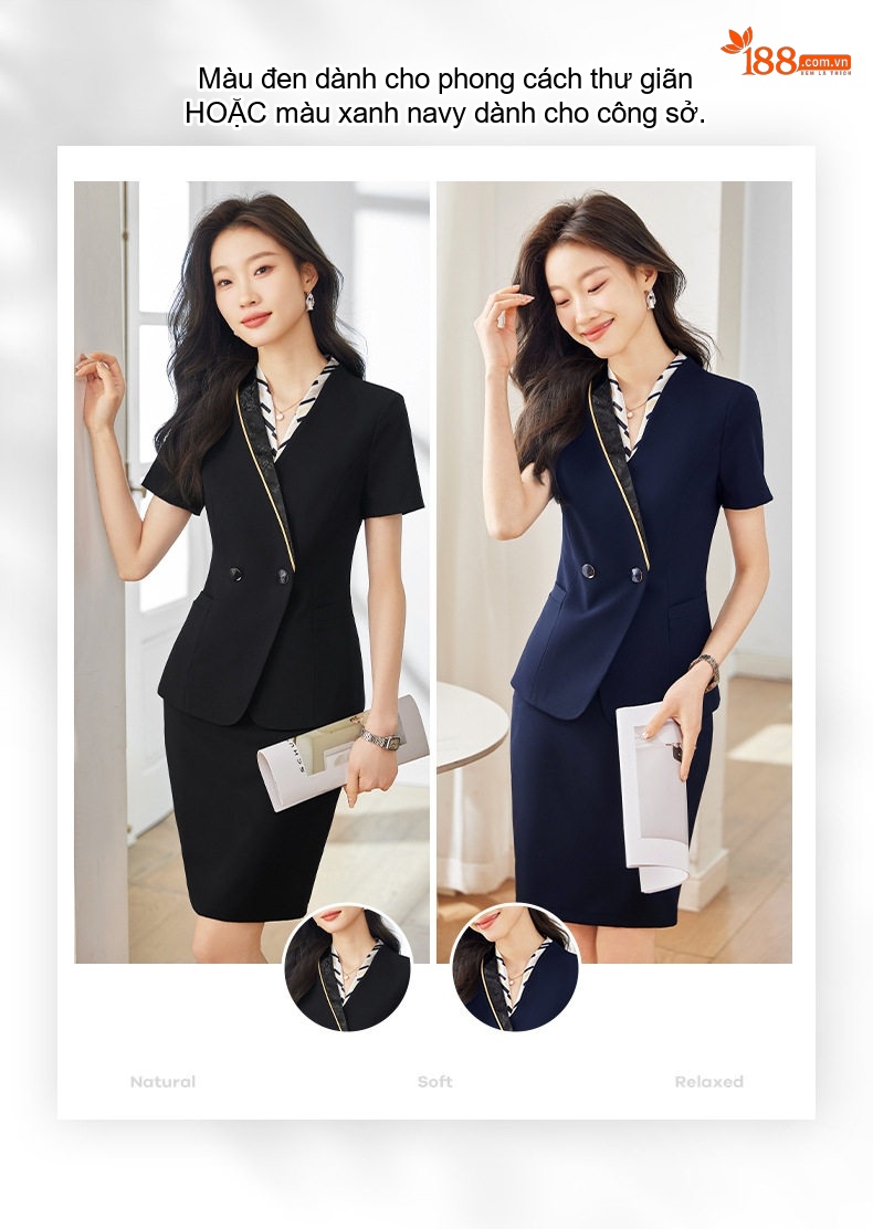 Bộ Vest Nữ Tay Ngắn Mỏng Mùa Hè Phong Cách Công Sở Thanh Lịch Màu Đen, Xanh Than chi tiết 3