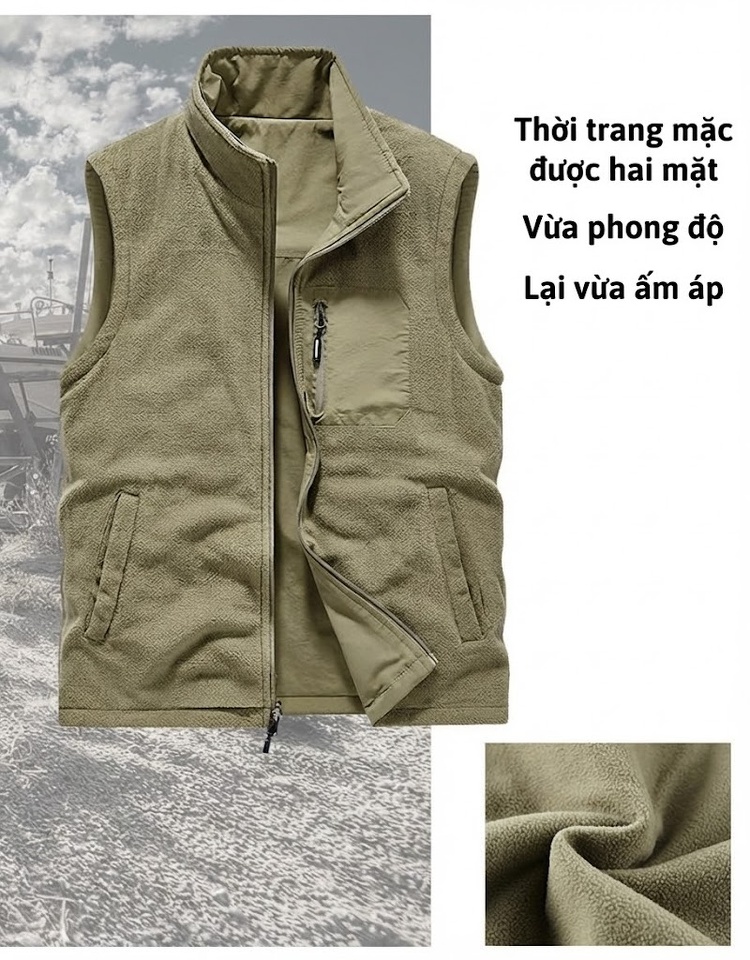 Áo Gile Nam Lót Lông Cừu Non Dày Dặn Hai Mặt Màu Xanh Rêu, Xám, Xanh Navy, Nâu... chi tiết 2