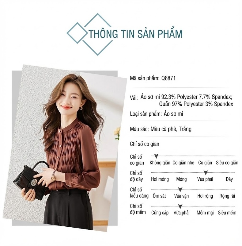 Áo Sơ Mi Nữ Dài Tay Thiết Kế Thanh Lịch Co Giãn Màu Nâu, Trắng, Vàng chi tiết 6