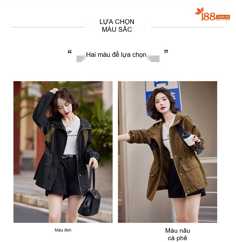 Áo Khoác Gió Dáng Rộng Nữ Trung Niên Có Mũ Trùm Đầu Dây Rút Eo Phong Cách Hàn Quốc Màu Xanh Olive, Đen chi tiết 16