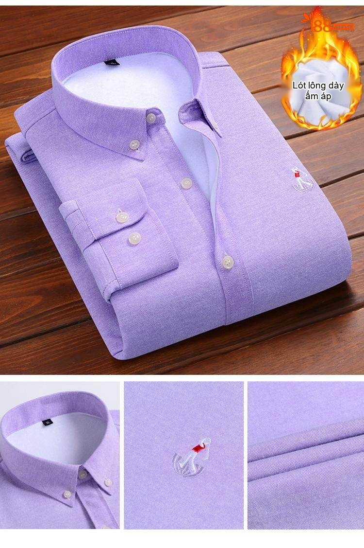 Áo Sơ Mi Nam Dài Tay Cotton Oxford Lót Lông Dày Dặn Thêu Hình Màu Xanh Dương, Xanh Navy, Tím, Đỏ... chi tiết 11