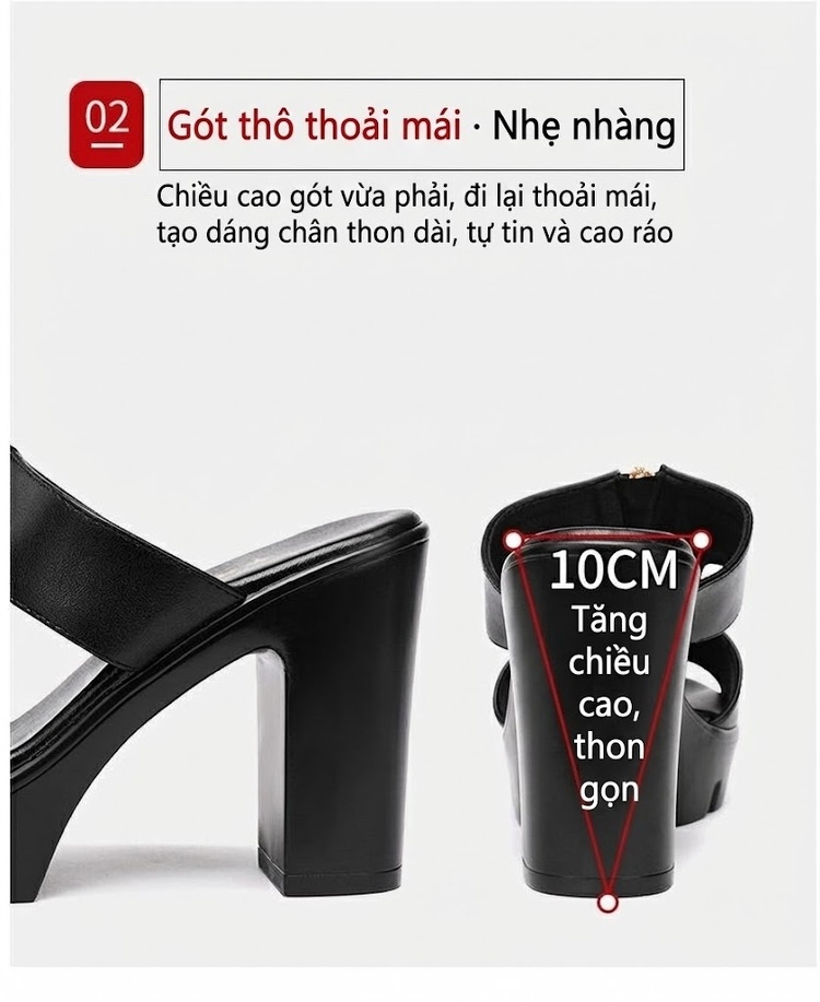 Dép Sục Nữ Hở Mũi Quai Ngang Da Bóng Chiều Cao Đế Khoảng 8cm Màu Đen, Trắng, Đỏ, Bạc... chi tiết 7