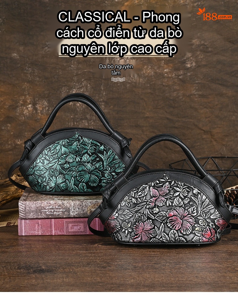 Túi Xách Tay Nữ Da Bò Dập Hoa Văn Vintage Quai Xách và Đeo Chéo Màu Xanh, Hồng chi tiết 1