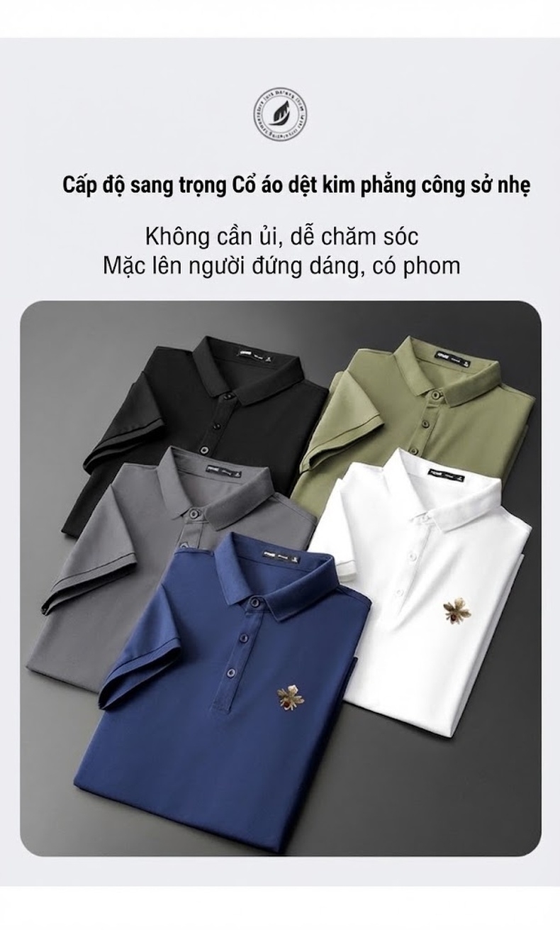 Áo Polo Nam Ngắn Tay Thêu Hình Ong Cổ Bẻ Phong Cách Doanh Nhân Màu Đen, Xám, Be chi tiết 3
