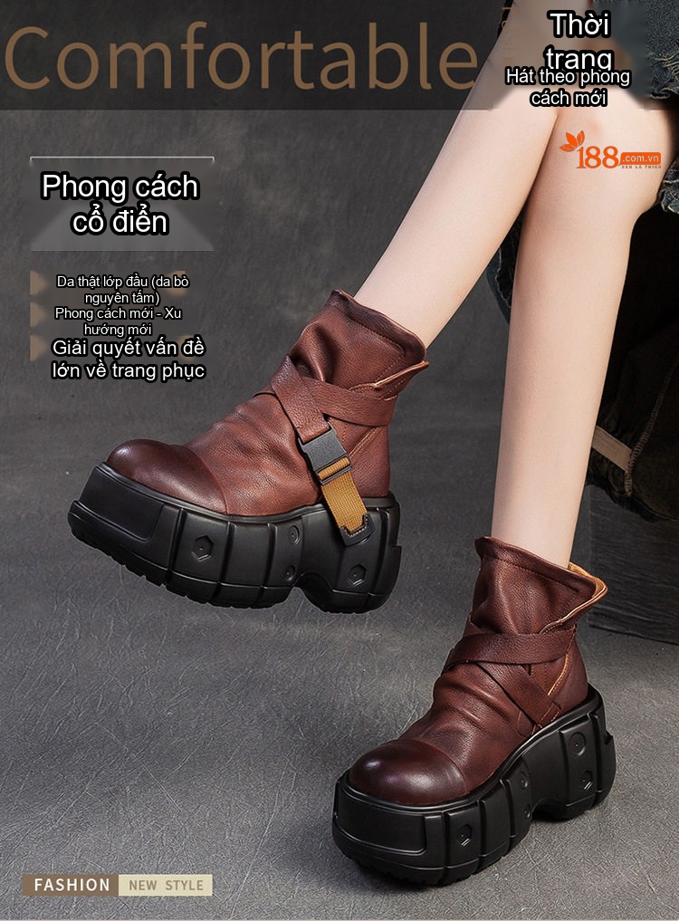 Boot Martin Nữ Da Bò Cổ Cao Đế Bánh Mì Chiều Cao Đế Khoảng 6cm Phong Cách Anh Quốc Màu Đen, Nâu chi tiết 1