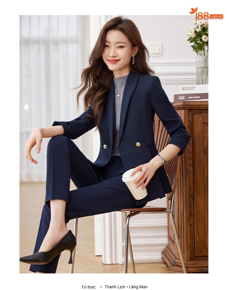 Bộ Vest Công Sở Nữ Dáng Ôm Thanh Lịch Màu Đen, Xám, Xanh Navy chi tiết 10