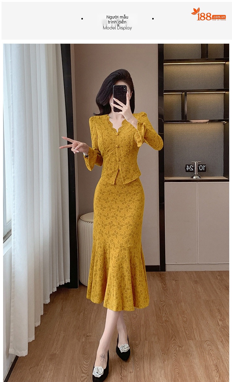 Set Áo Khoác và Chân Váy Dáng Dài Nữ Phong Cách Tiểu Thư Thanh Lịch Màu Vàng, Trắng chi tiết 9