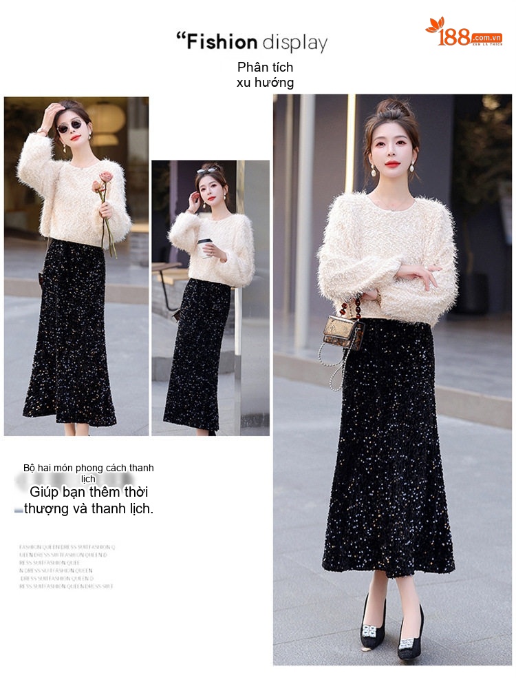 Set Áo Lông Dài Tay và Chân Váy Midi Lấp Lánh Phong Cách Tiểu Thư Màu Trắng, Đen chi tiết 2
