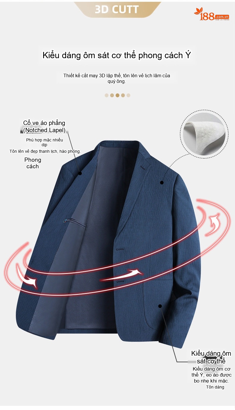 Áo Vest/Blazer Nam Dáng Ôm Vừa Vặn Chống Nhăn Màu Xanh Navy chi tiết 8