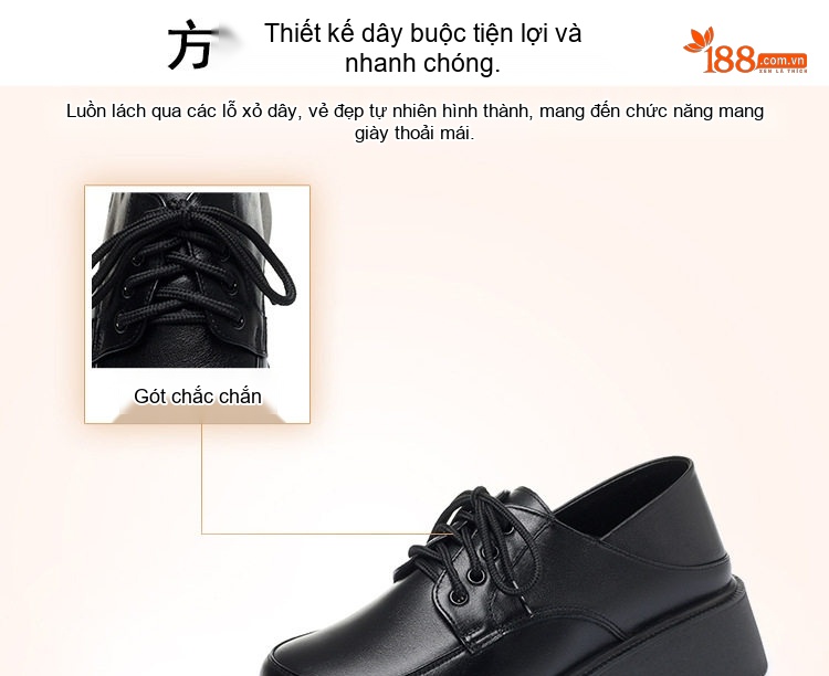 Giày Tây Buộc Dây Nữ Da Bóng Đế Cao 4cm - 5cm Màu Đen, Kem chi tiết 5