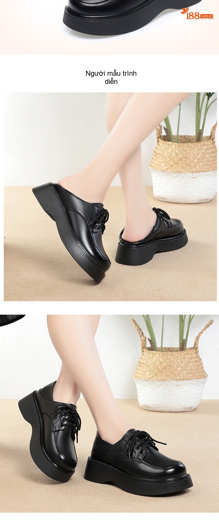 Giày Tây Buộc Dây Nữ Da Bóng Đế Cao 4cm - 5cm Màu Đen, Kem chi tiết 6