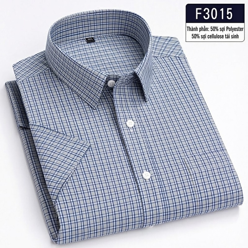 Áo Sơ Mi Nam Tay Ngắn Kẻ Caro 50% Sợi Polyester, 50% Sợi Cellulose Tái Sinh Màu Xanh Dương, Cam, Xanh Lá, Xám...