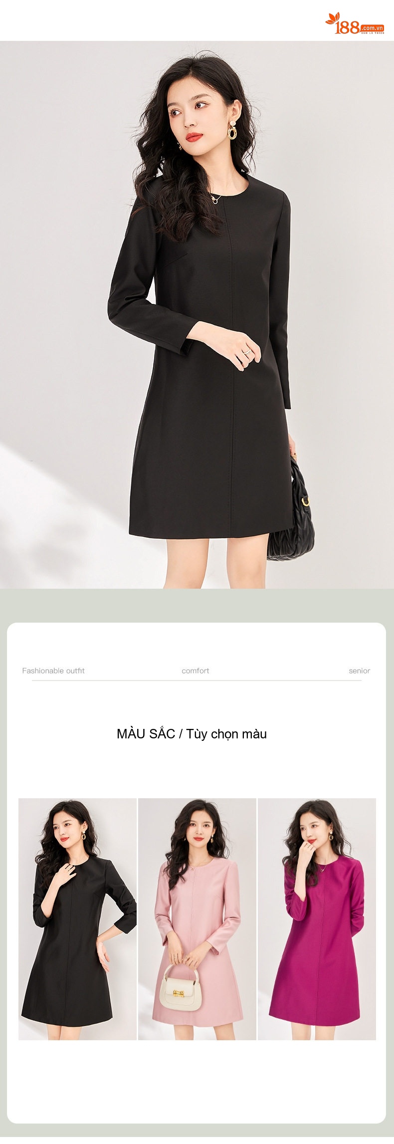 Đầm Liền Nữ dáng chữ A Thanh Lịch Tay Lỡ Phong Cách Công Sở Màu Đen, Hồng, Đỏ Tía chi tiết 4