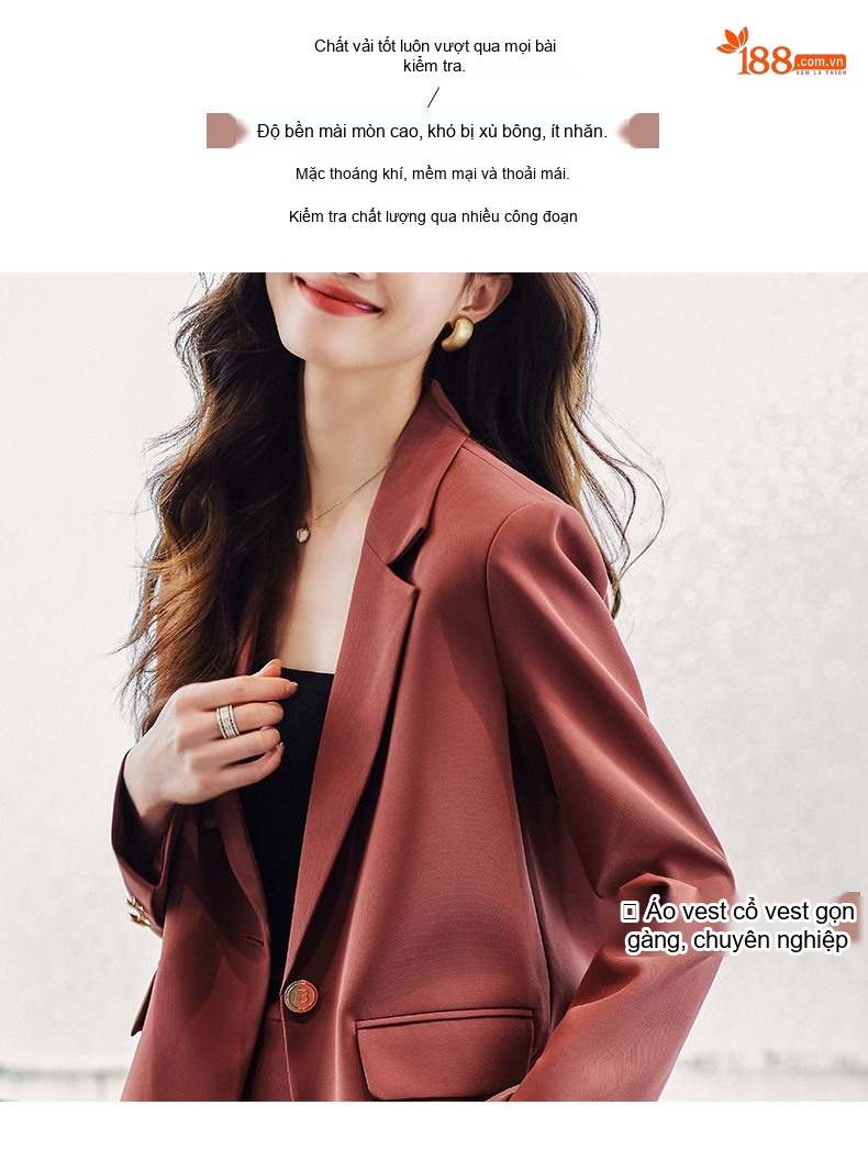 Bộ Vest Công Sở Nữ Tay Dài Dáng Ôm Màu Đen, Nâu, Đỏ Gạch chi tiết 4