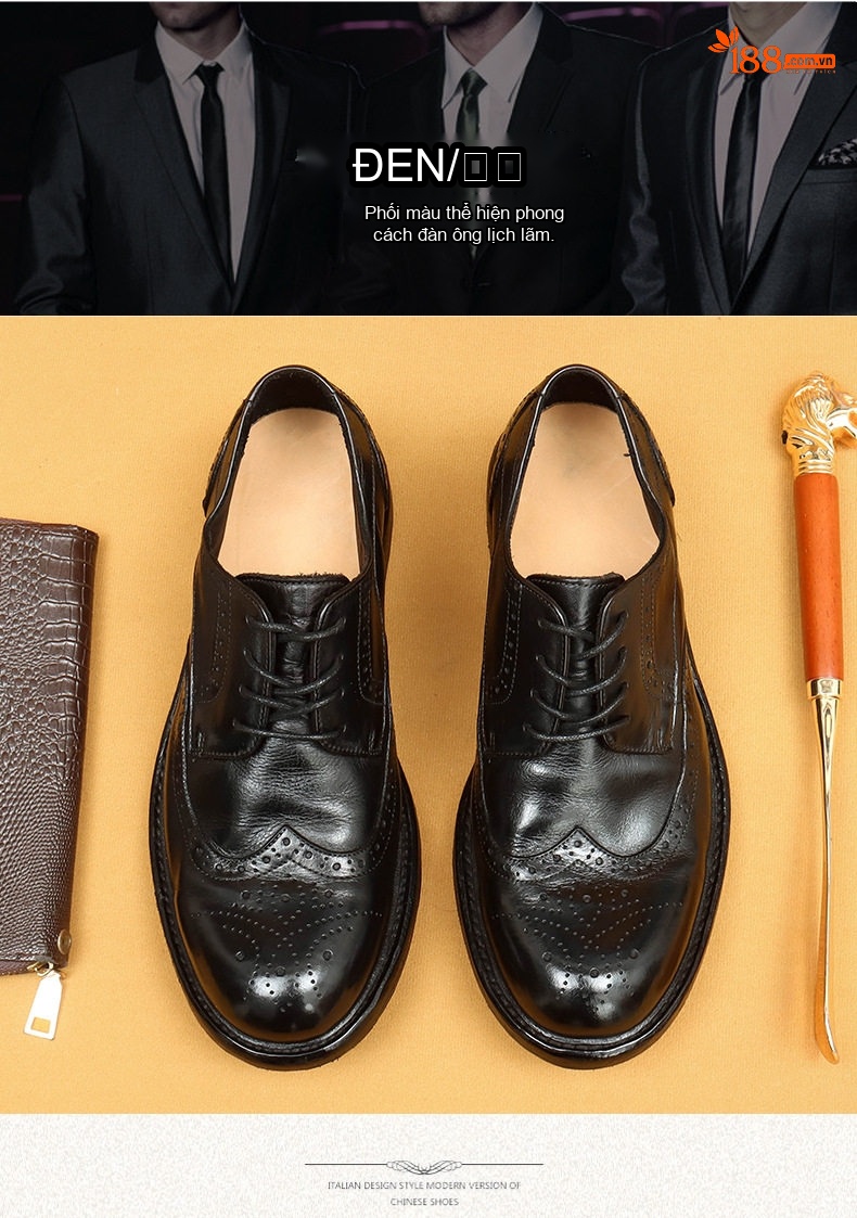Giày Tây Buộc Dây Brogue Nam Da Thật Goodyear Water Wash Chiều Cao Đế Khoảng 3cm Màu Đen, Nâu chi tiết 5