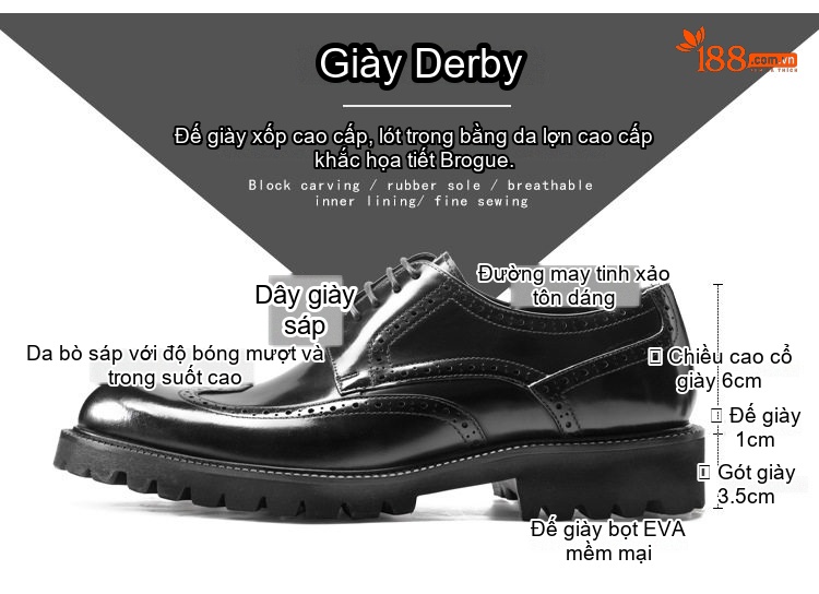 Giày Tây Nam Da Bóng Brogue Chiều Cao Đế Khoảng 4cm Màu Đen chi tiết 2
