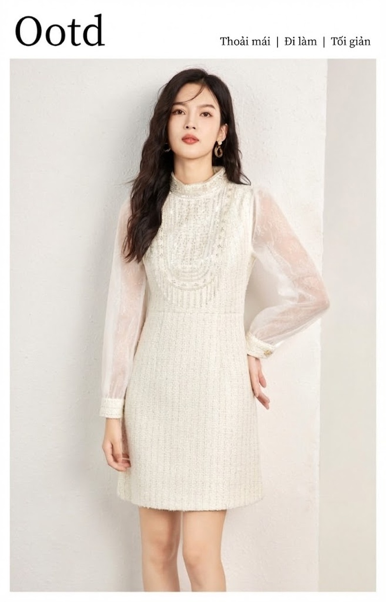 Váy Tiểu Thư Nữ Vải Tweed Lưới Thêu Đính Hạt Thủ Công Phong Cách Quý Phái Màu Trắng chi tiết 1