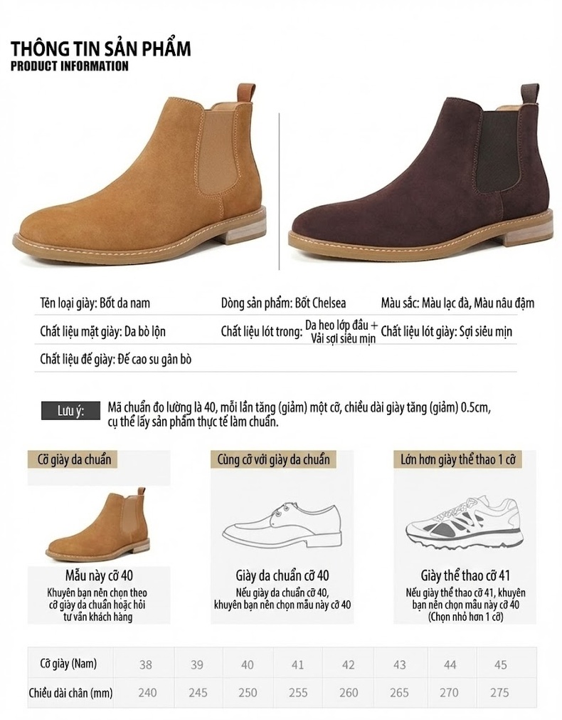 Boot Chelsea Nam Da Lộn Chiều Cao Đế Khoảng 3cm Màu Nâu Đậm, Nâu Vàng chi tiết 4
